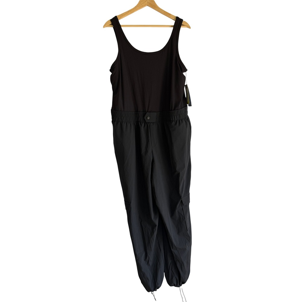 Avia Womens XL Black Mixed Media Cargo Jumpsuit Ribbed Tank Utility Bungee Hem